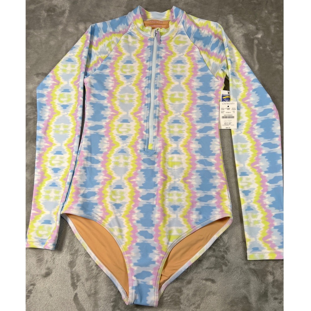 Crewcuts J Crew Girls Rash Guard Swimsuit 14 Blue Pink Ikat  UPF 50+ NWT